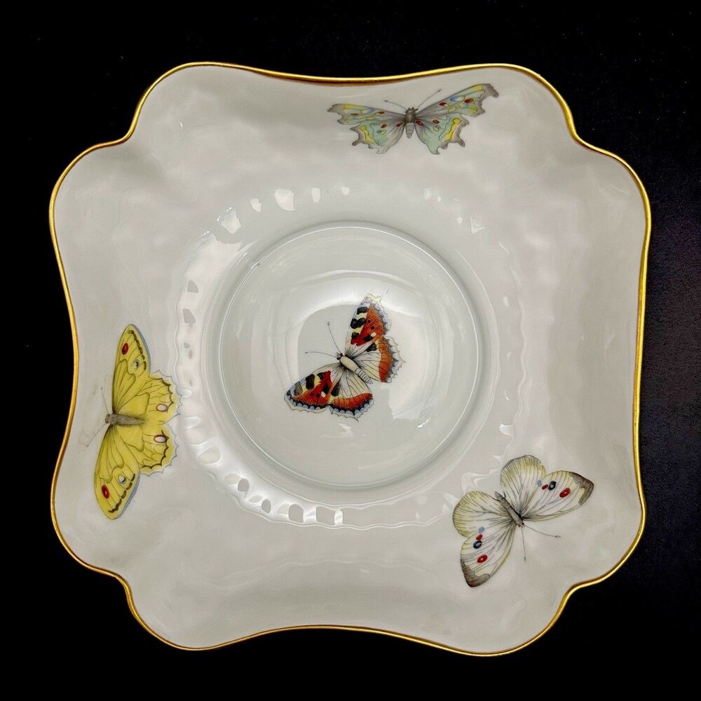 Antique Bernardaud Limoges Butterfly Relief Porcelain Bowl Gold Gilt France B&C